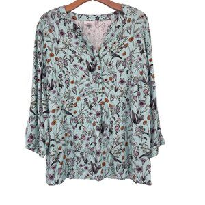 J. Jill Satin Blouse Size XL Teal Botanical Birds Floral Boho Popover Top